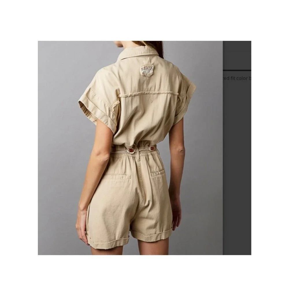 Pol romper pol shorts sand beige denim jeans  womens size medium 100% cotton NEW